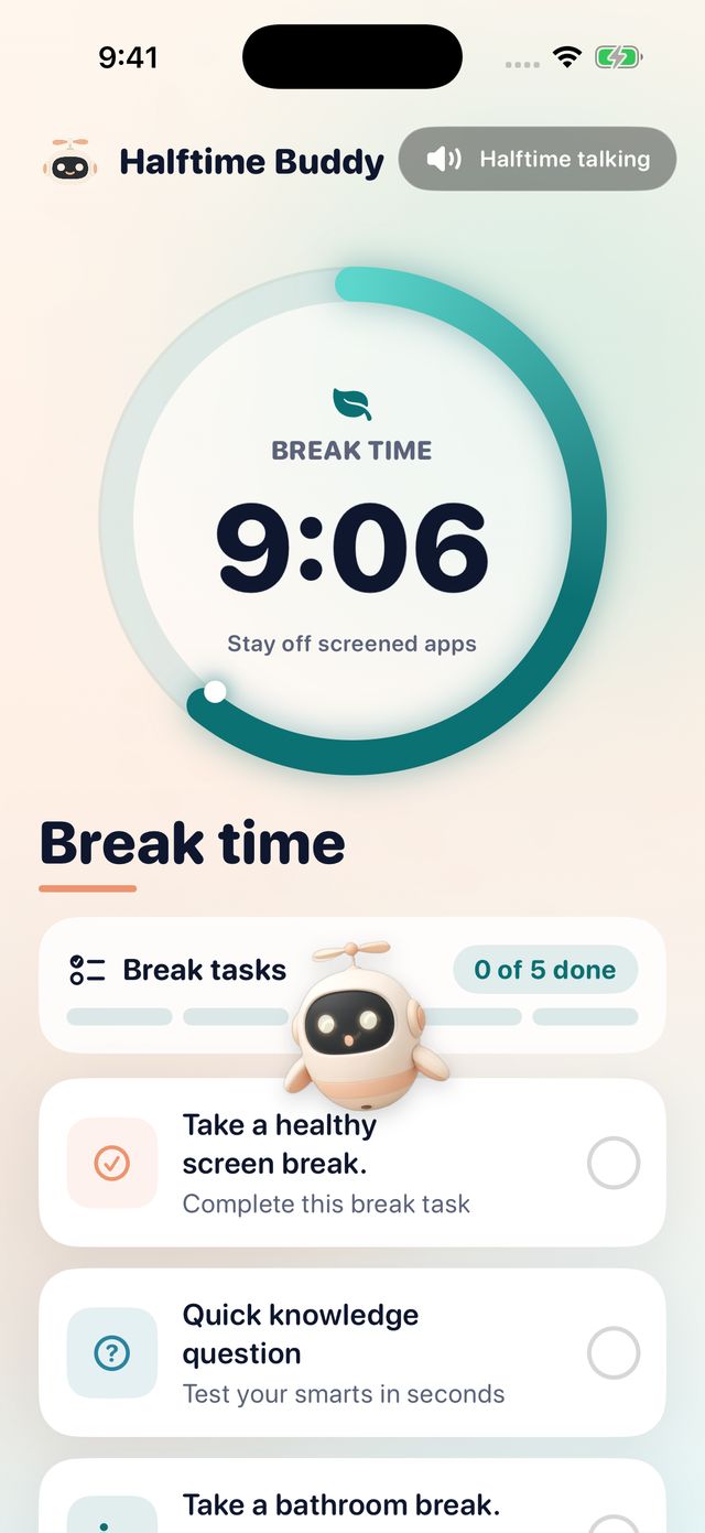 Halftime Buddy break screen with a 9:06 countdown and a list of break tasks