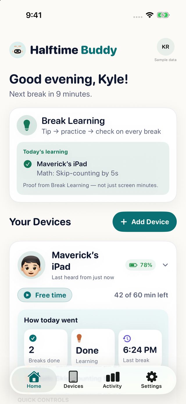 Parent home showing Break Learning: tip, practice, check, and today’s learning