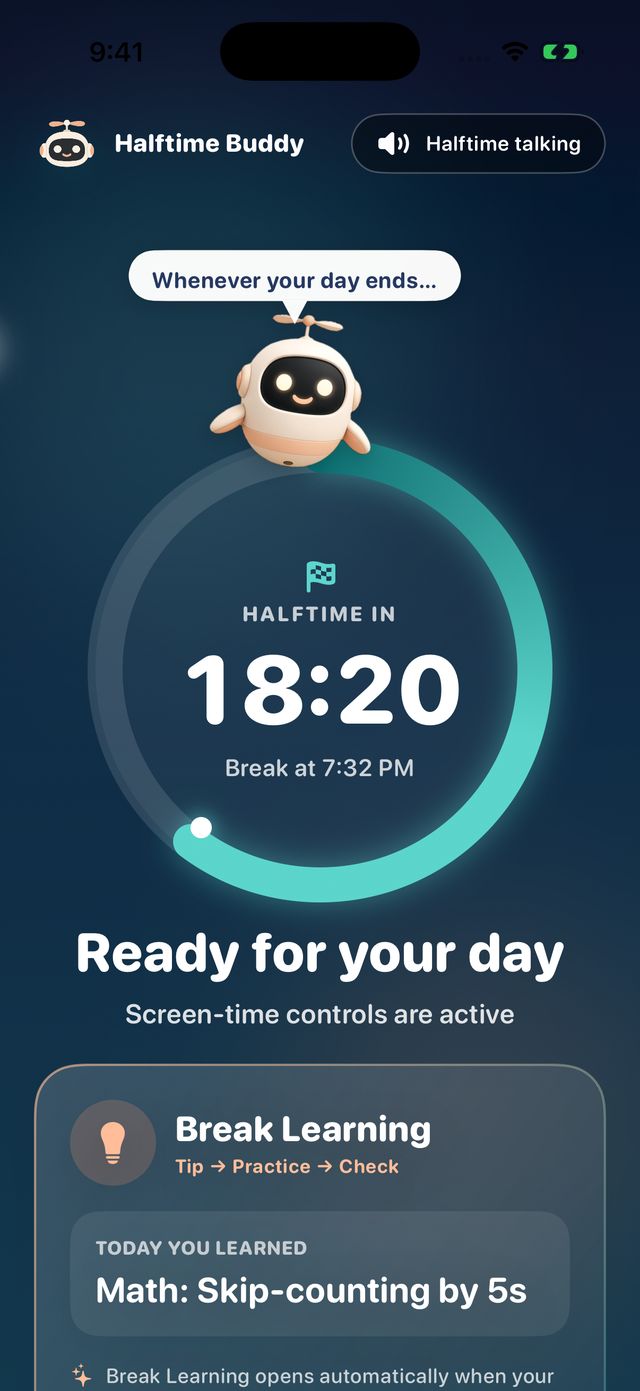 Child home screen showing the countdown until the next halftime